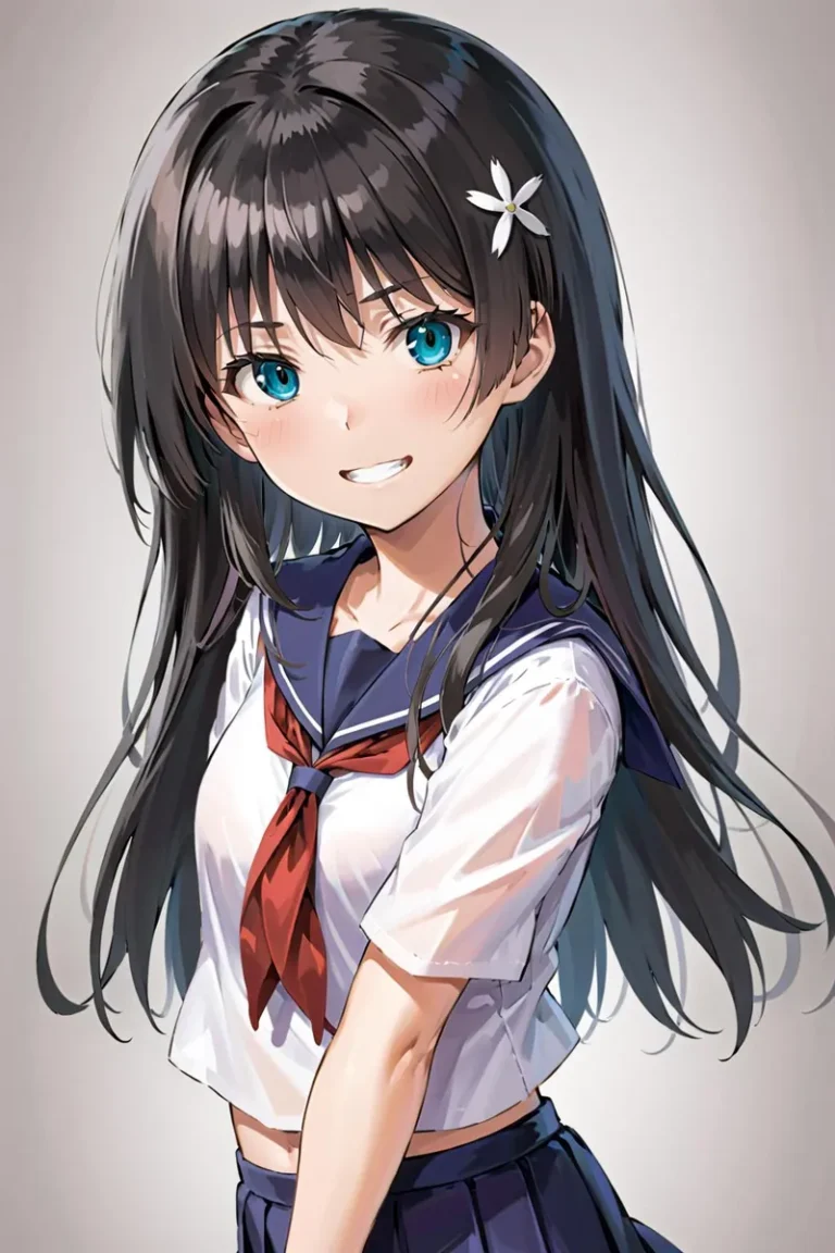 Anime girl with black hair, blue eyes, wearing a school uniform and smiling, AI generated using stable diffusion.