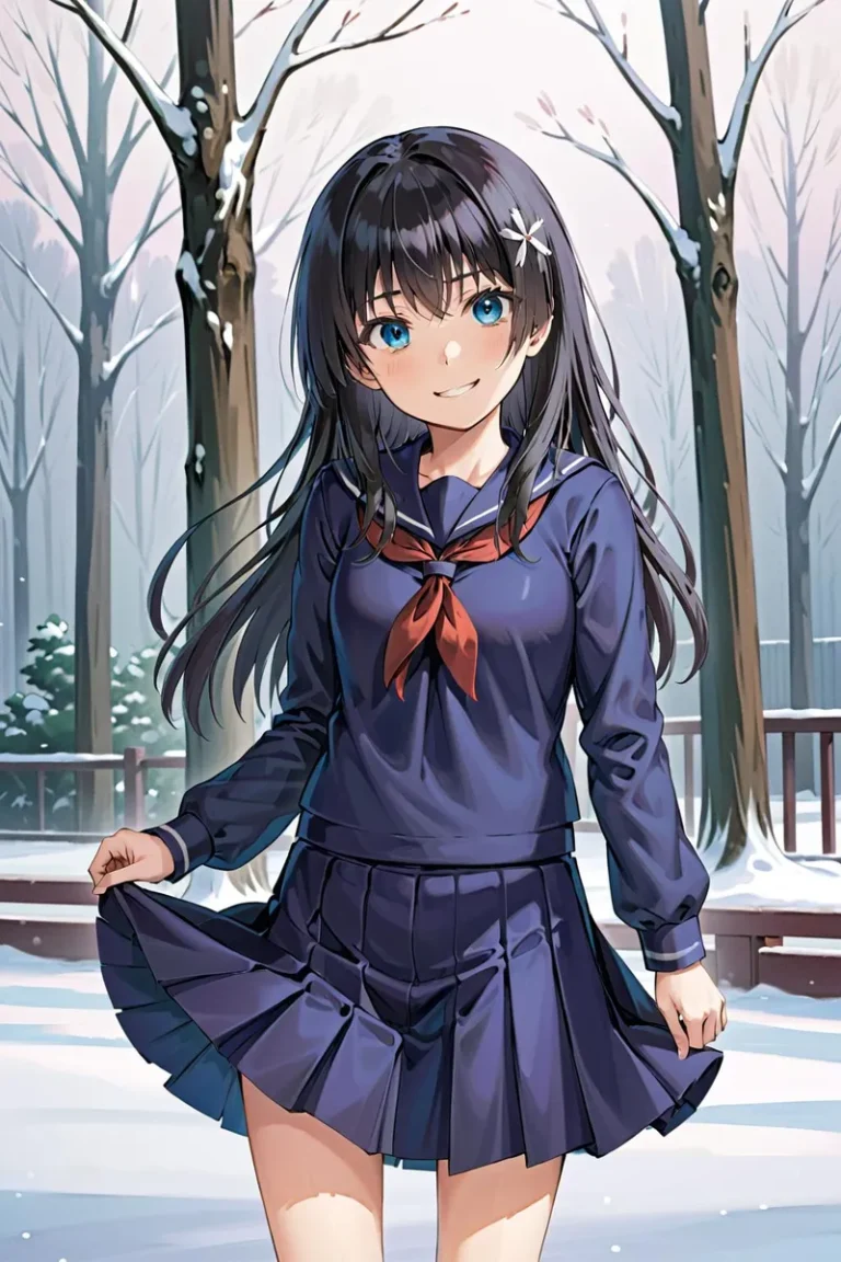 A charming anime girl in a school uniform standing in a snowy winter scene. This is an AI generated image using Stable Diffusion.