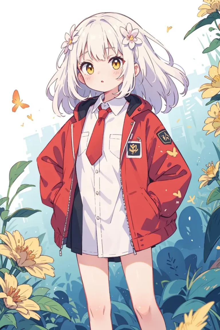 AI generated image of a cute anime girl with white hair and yellow eyes wearing a red jacket over her school uniform, standing among flowers and butterflies.