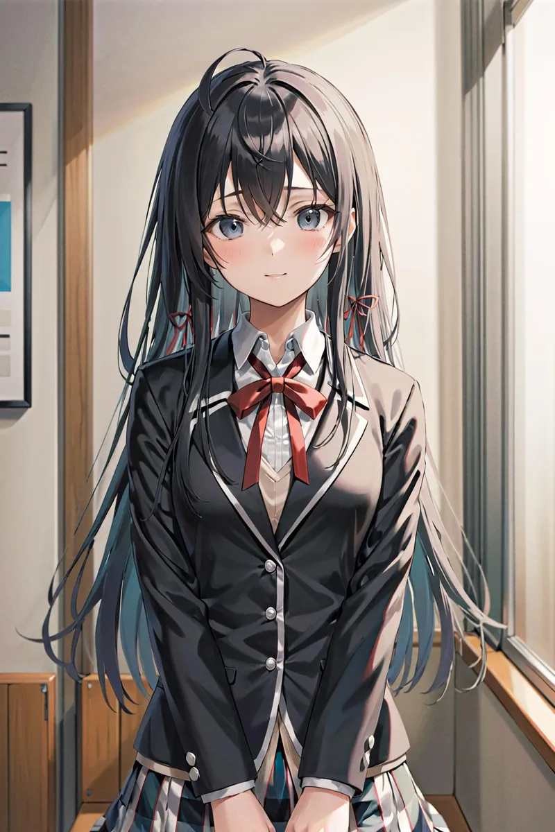 An AI generated image of an anime girl with long dark hair, wearing a black school uniform with a red ribbon, created using Stable Diffusion.