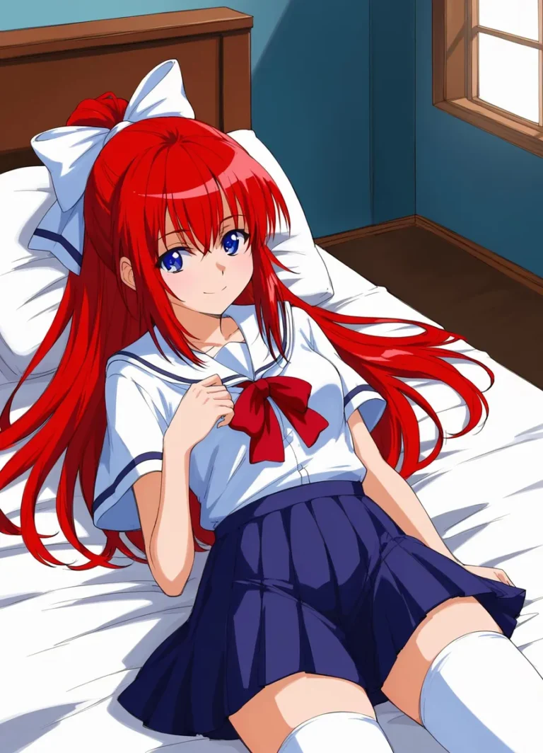 An AI generated image using Stable Diffusion of an anime girl with long red hair and blue eyes, dressed in a school uniform with a large white bow, lying on a bed in a sunlit room.