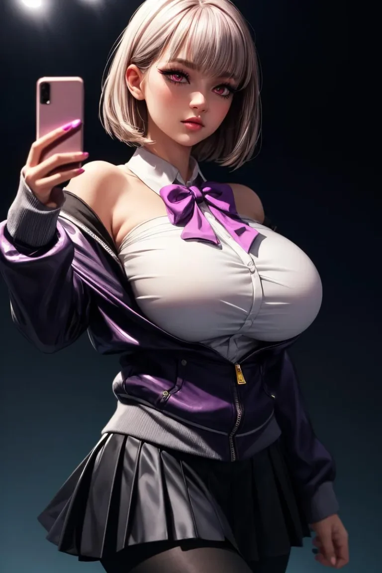 Anime girl with short hair taking a selfie. She is wearing a white blouse with a purple bow, a purple jacket, and a black skirt. AI generated image using Stable Diffusion.