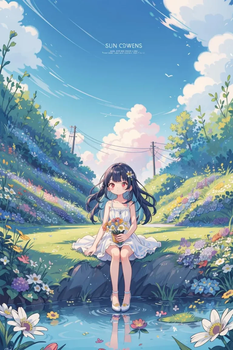 AI generated image using Stable Diffusion of an anime girl in a serene landscape. The girl is sitting by a small pond holding a bouquet of flowers with a backdrop of rolling hills, vibrant flowers, and a clear blue sky with fluffy clouds.