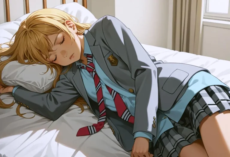 AI-generated image of an anime girl with long blonde hair sleeping on a bed, dressed in a blue school uniform with a striped tie and plaid skirt, using Stable Diffusion.