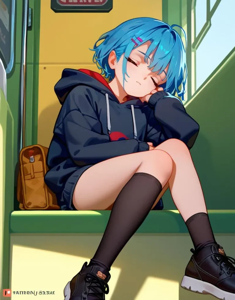 AI generated image of a blue-haired anime girl in a hoodie, sleeping on a bus seat. Image created using Stable Diffusion.