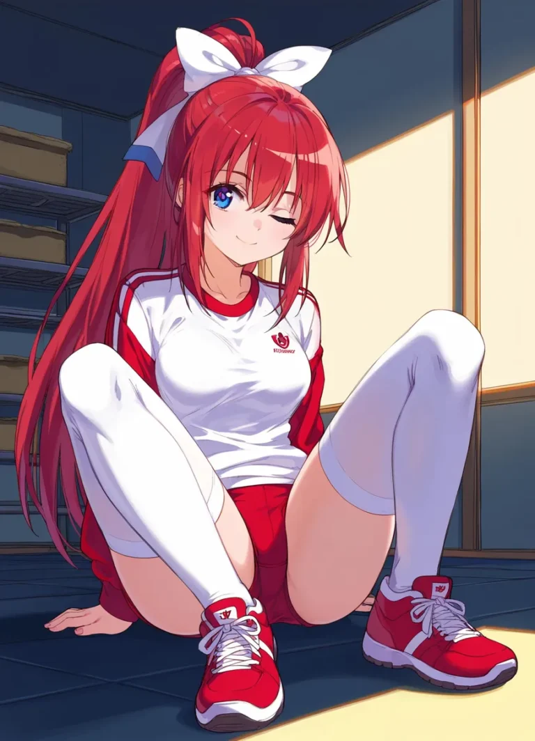 AI generated image of an anime girl with red hair tied in a ponytail with a white bow, wearing a white and red sports uniform, long white socks, and red sneakers, sitting on the floor while winking, created using Stable Diffusion.