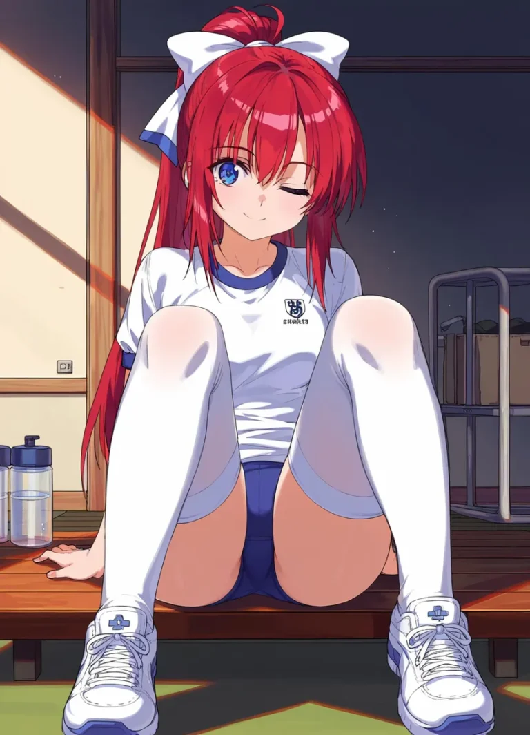 AI generated image of an anime girl with red hair in a sports uniform, created using stable diffusion.