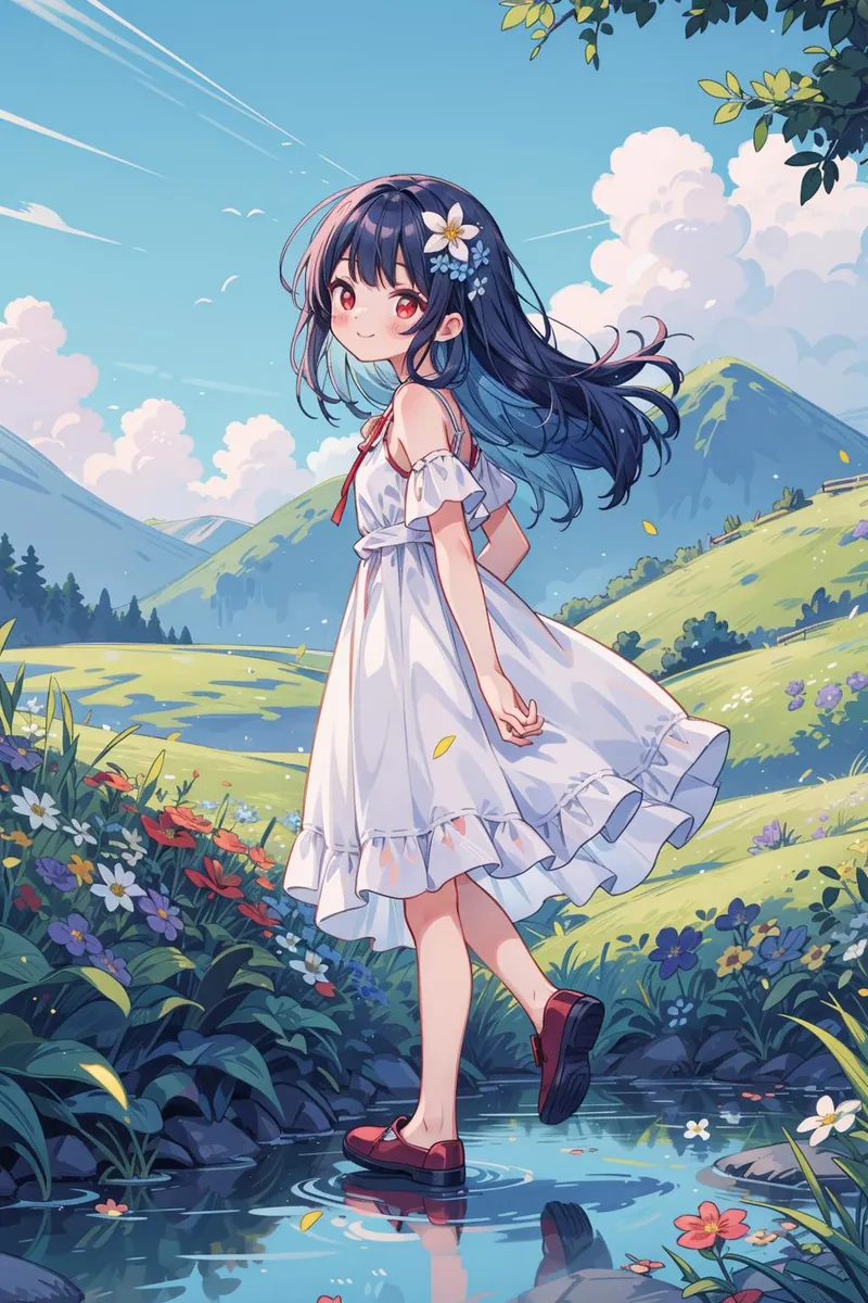 Anime girl with dark hair and red eyes standing in a vibrant summer meadow, AI generated image using Stable Diffusion.