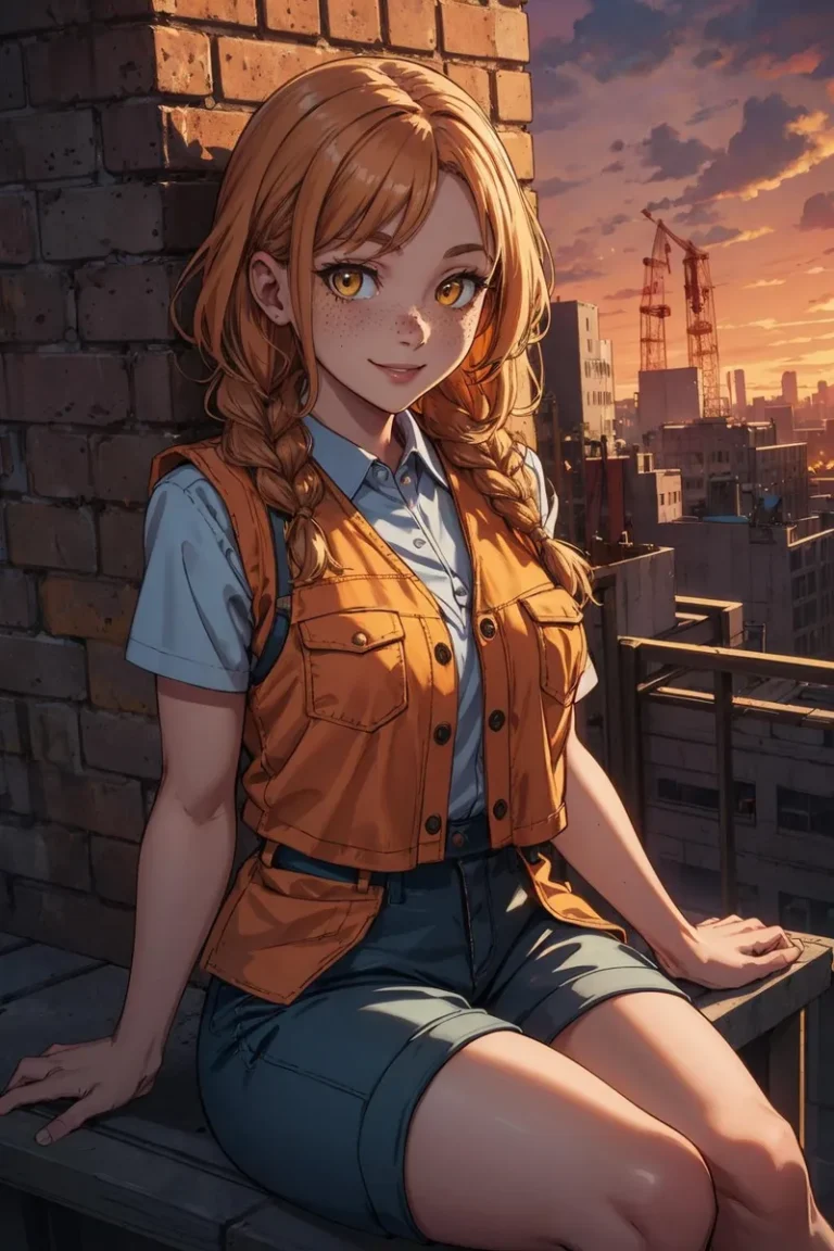 Anime girl dressed as a construction worker sitting against a brick wall. She has long braided hair, orange eyes, wearing an orange vest and blue shorts. Cityscape with a sunset in the background. AI generated image using stable diffusion.