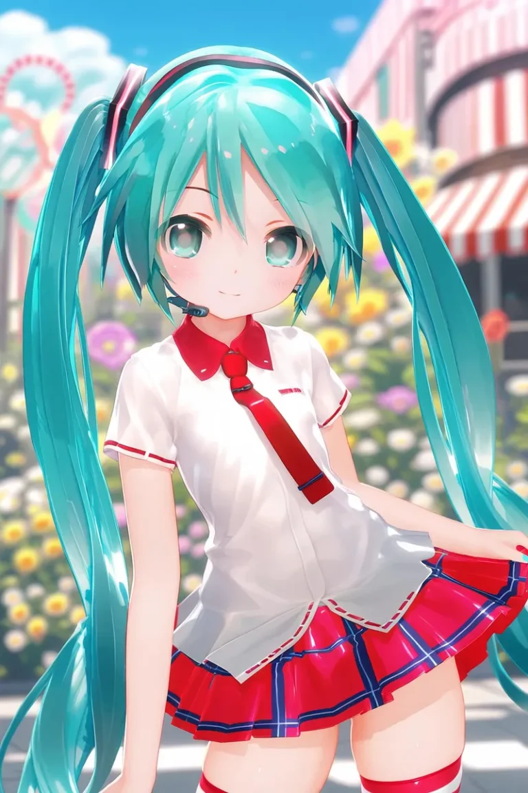 An AI generated image of an anime girl with teal hair, wearing a white shirt, red tie, and red skirt, standing in a garden with flowers and colorful buildings in the background. Created with Stable Diffusion.