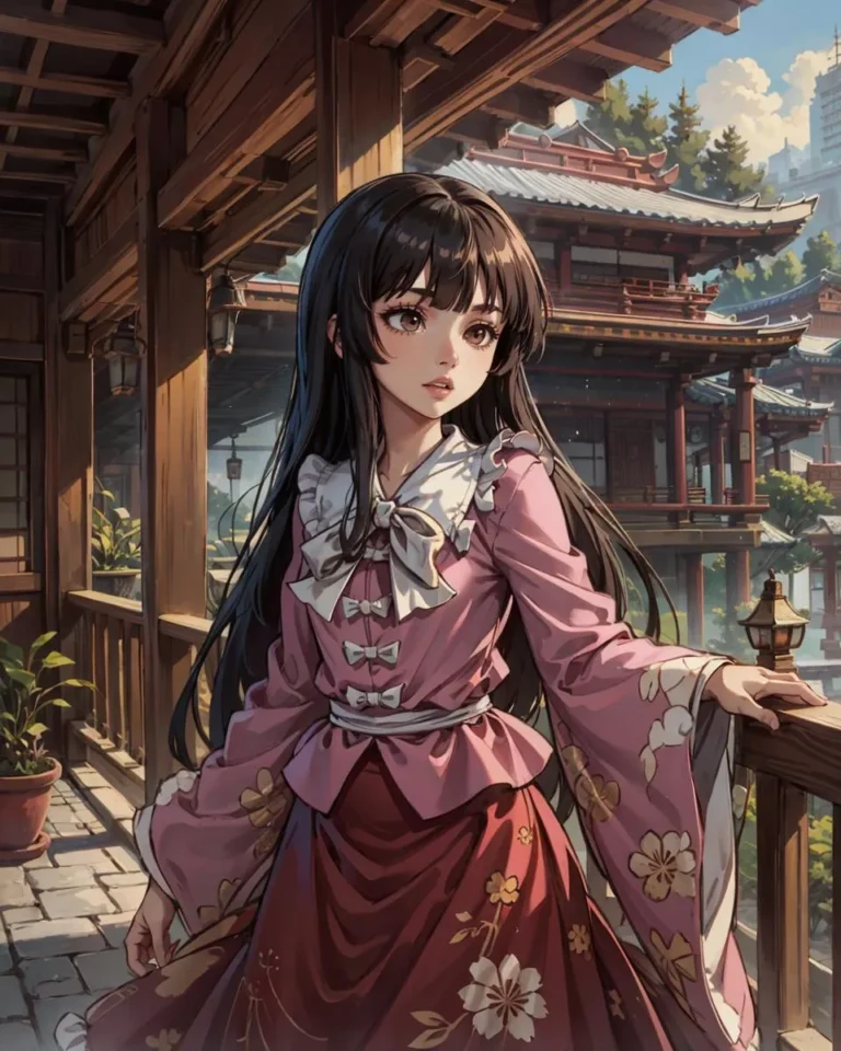 A beautiful anime-style girl with long black hair wearing a traditional Japanese outfit stands in a historical Japanese temple courtyard. The image is AI generated using stable diffusion.