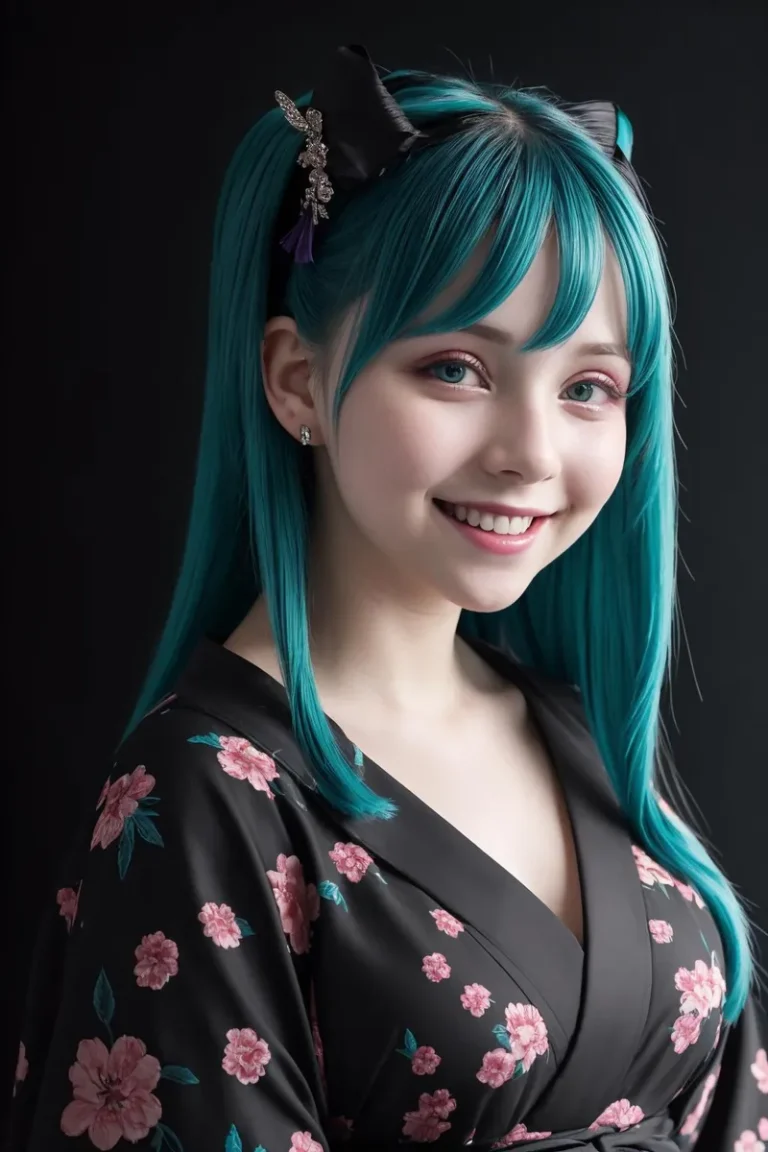 AI generated image using Stable Diffusion of an anime girl with turquoise hair, wearing a black floral kimono and a hair accessory with black background.