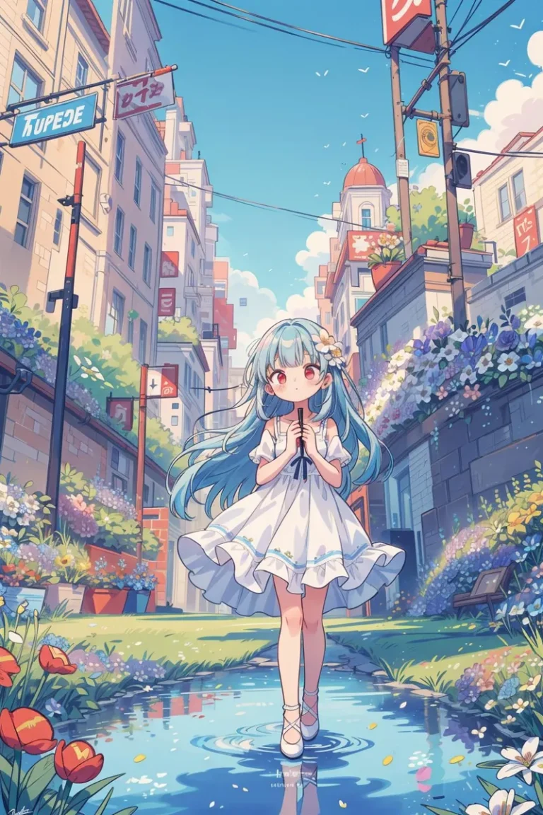An AI generated image using stable diffusion of an anime girl with long blue hair and red eyes, wearing a white dress, standing on a street with an urban background filled with buildings, colorful flowers, and signs.