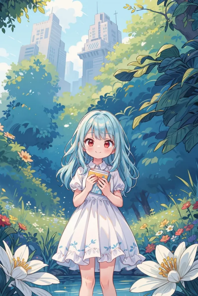 AI generated image using Stable Diffusion of an anime girl with light blue hair, holding a book, standing in a serene natural setting with lush greenery and flowers, and a modern cityscape in the background.