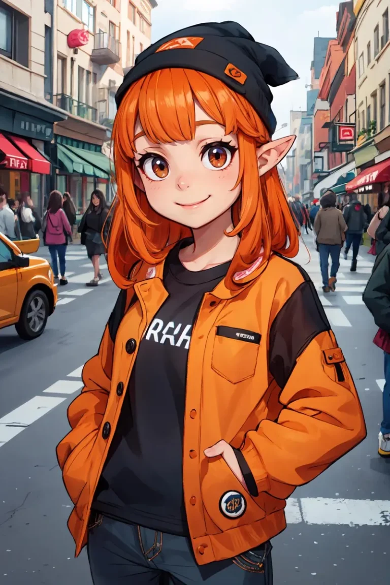 Anime girl with orange hair standing on a busy urban street. AI generated image using Stable Diffusion.
