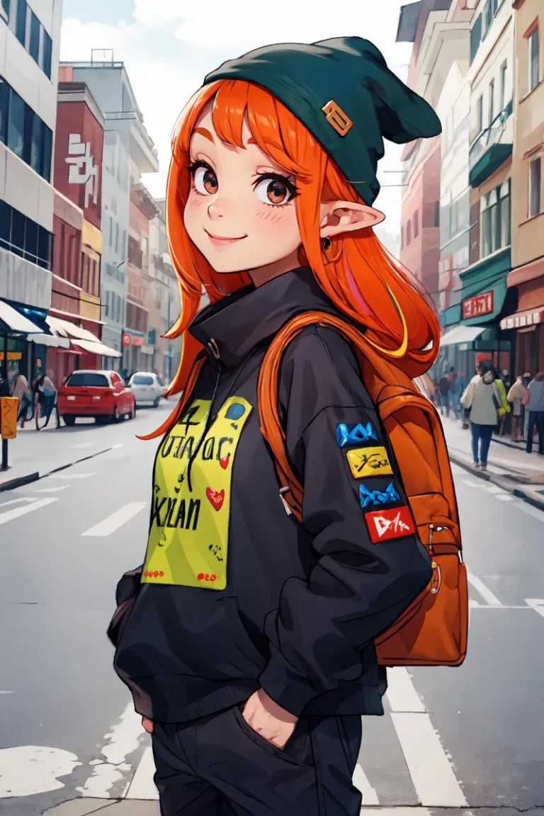 AI generated image of an anime-style red-haired girl with elf ears wearing a green beanie and casual clothes, standing in an urban street setting, created using Stable Diffusion.