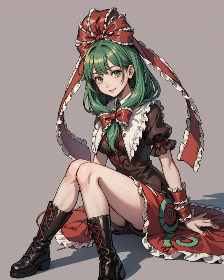 AI-generated image of an anime girl with green hair wearing a Victorian-style red and brown dress with a large bow, seated on the ground, created using Stable Diffusion.