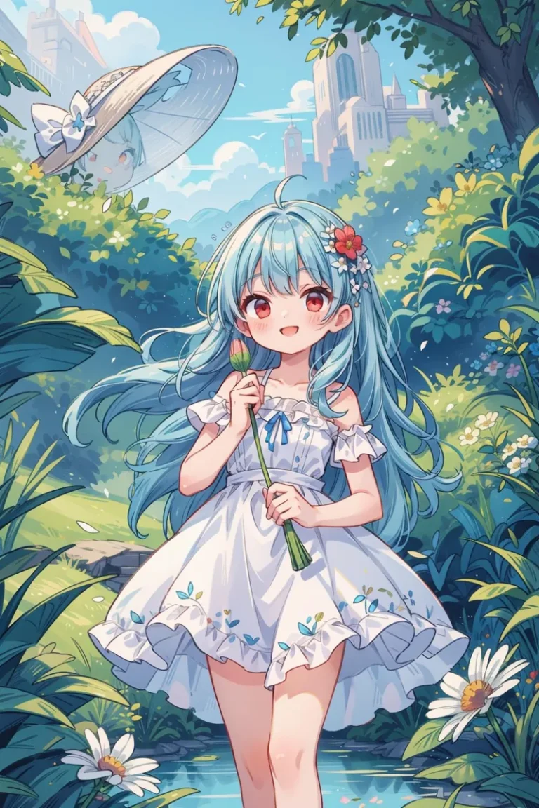 AI generated image of an anime girl with blue hair wearing a white dress, holding a flower, and standing in a lush garden with a castle in the background, created using Stable Diffusion.