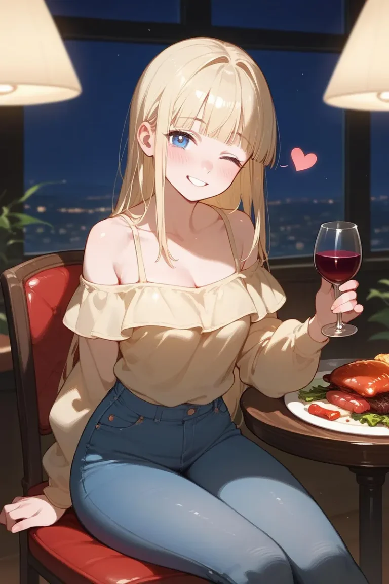 AI generated image using Stable Diffusion of a winking anime girl in a yellow off-shoulder blouse and blue jeans holding a glass of wine, with a plate of food on the table.