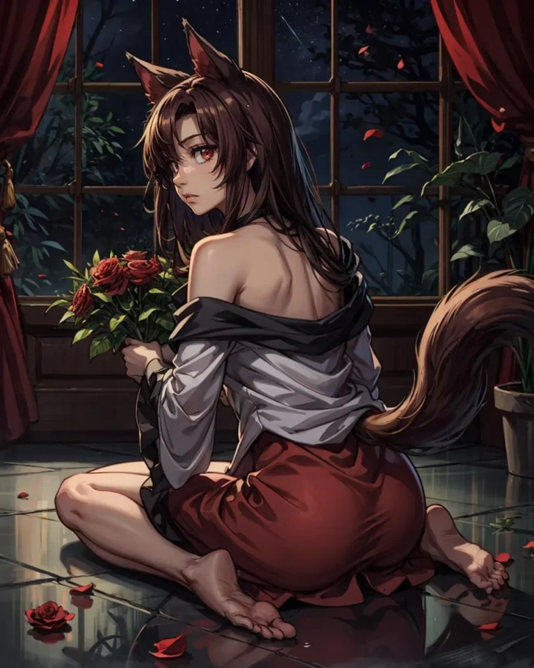 Anime girl with wolf ears and tail, wearing a white blouse and red skirt, holding a bouquet of roses. The setting is indoors with red curtains and a night sky visible through the window. AI generated using Stable Diffusion.