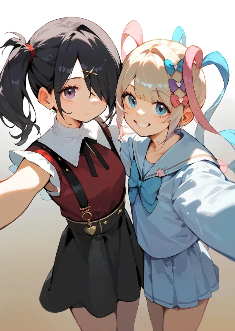 A cute AI generated anime image of two girls, one with dark hair in a ponytail and a red outfit with suspenders, and the other with blonde hair adorned with colorful ribbons, wearing a blue outfit, taking a selfie using Stable Diffusion.