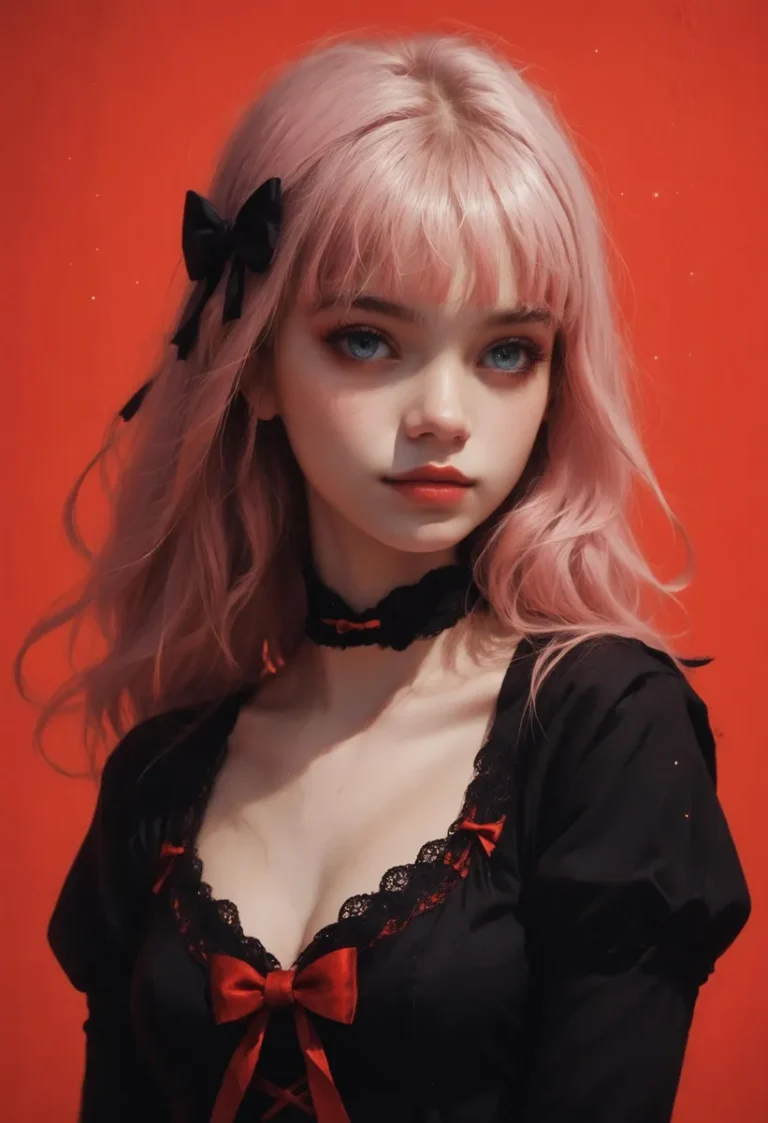 An AI generated image using stable diffusion of a pink-haired anime girl in a gothic lolita dress with a black lace and red bows against a red background.