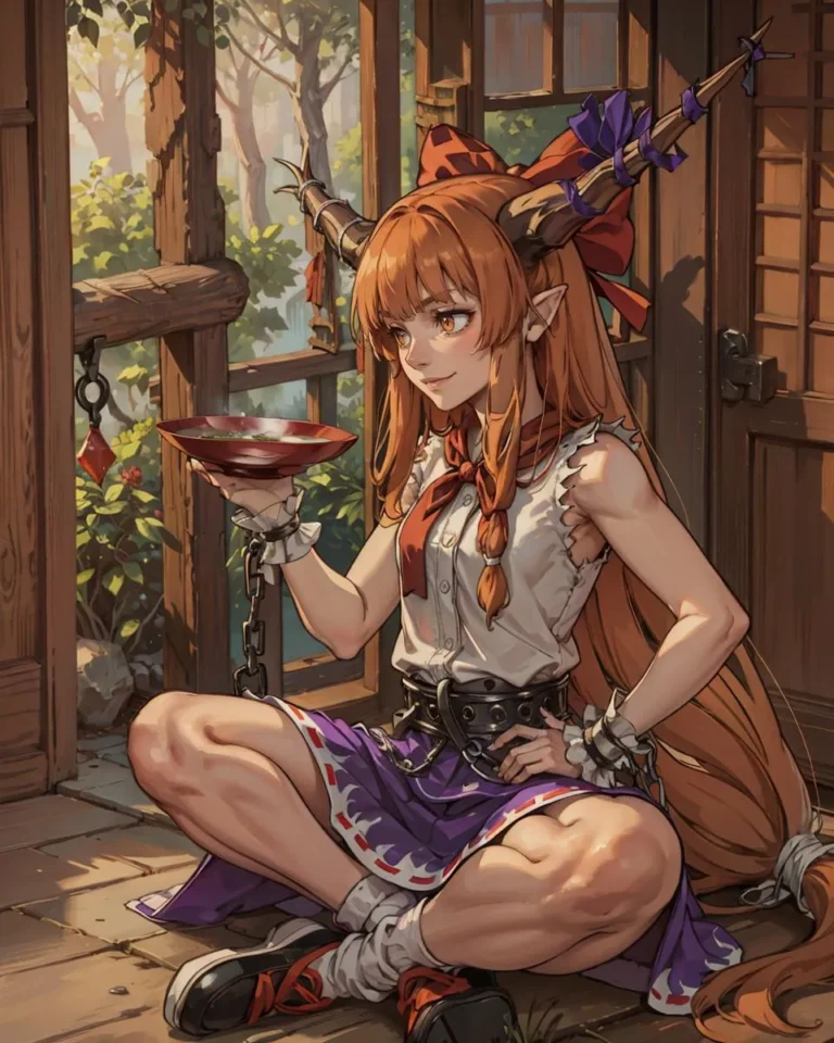 An AI-generated image using stable diffusion, featuring an anime-styled horned girl with orange hair in a wooden cabin, holding a drink and chain.