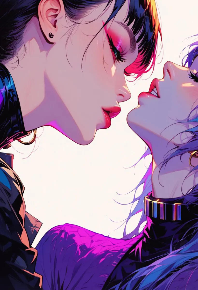 A romantic anime-style illustration of two women about to share a kiss, generated using Stable Diffusion AI.