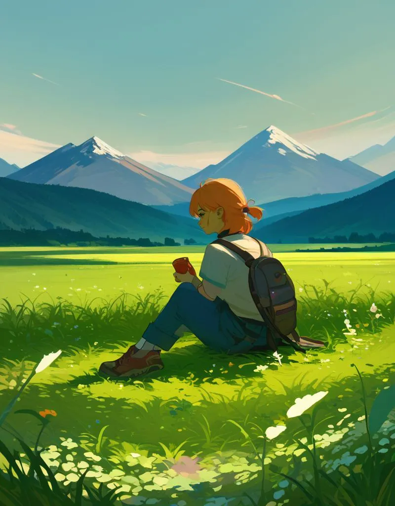 Anime style image of a serene landscape with a red-haired girl sitting on a grassy field, mountains in the background, generated using stable diffusion.