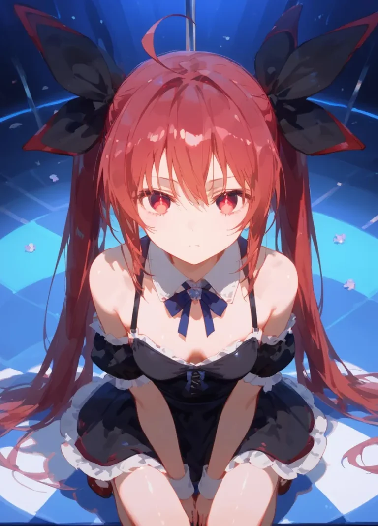 Anime girl with red hair in a black maid outfit with a blue background, an AI generated image using stable diffusion.