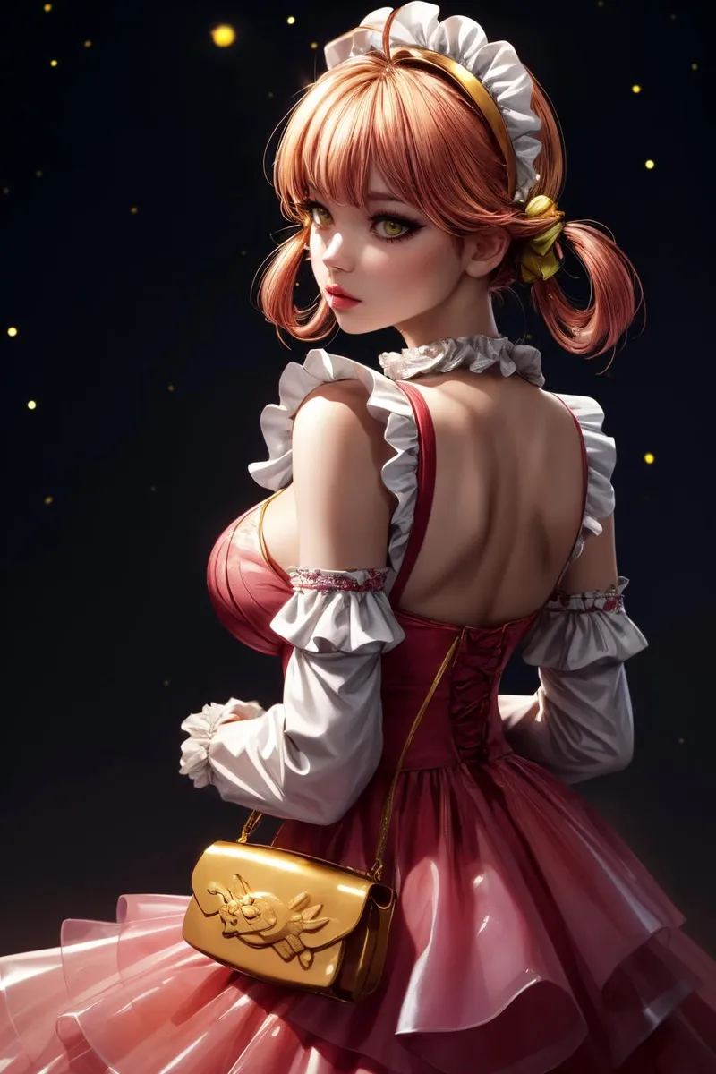 Anime girl in a red and white maid costume, holding a golden handbag. This is an AI-generated image using Stable Diffusion.