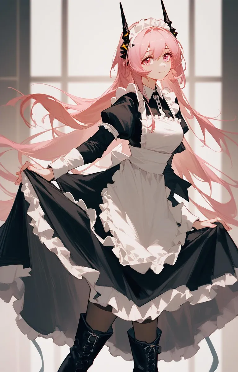 AI generated image using stable diffusion of a pink-haired anime girl dressed as a maid with black and white attire, standing in a lit background with window light.