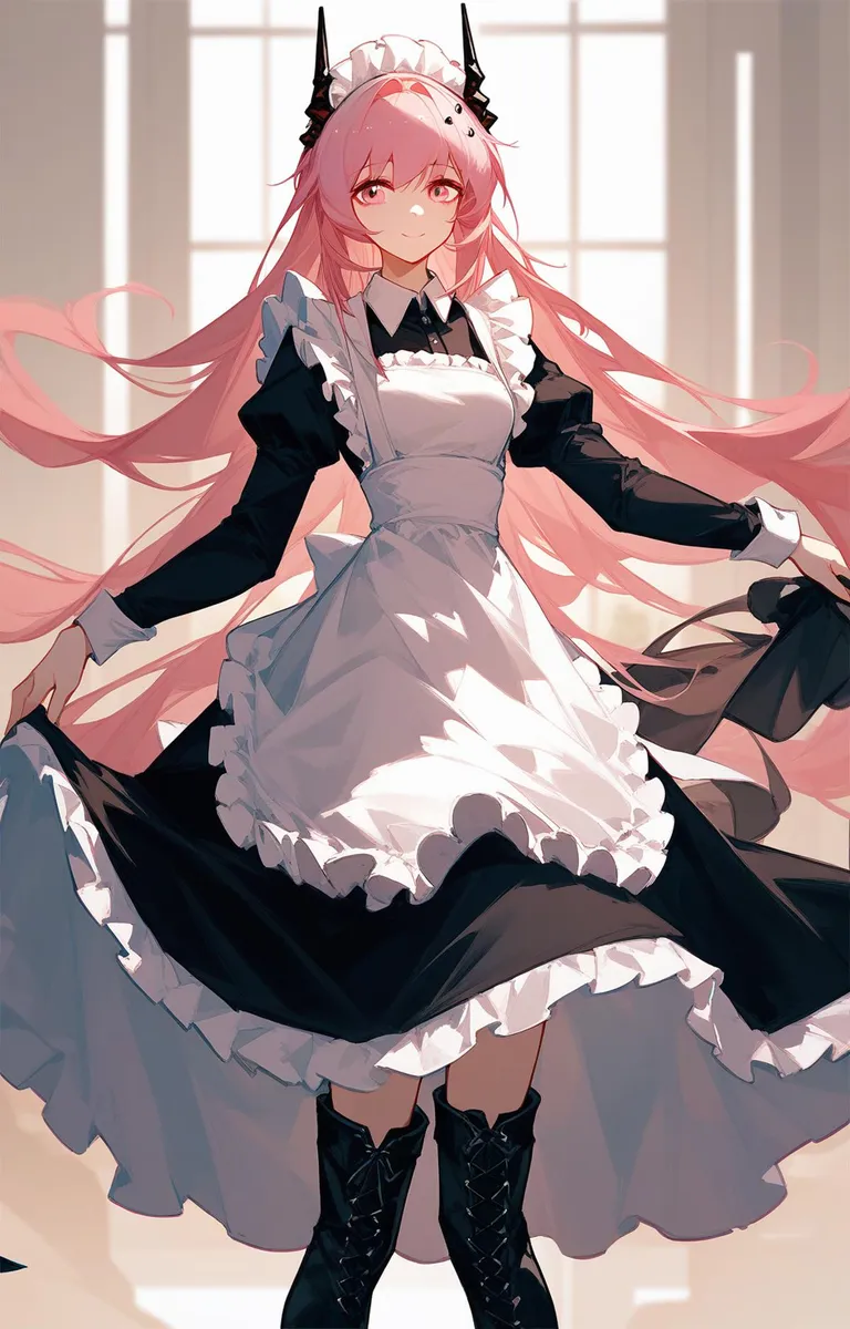 Anime maid girl with long pink hair wearing a black and white maid outfit, created using Stable Diffusion.