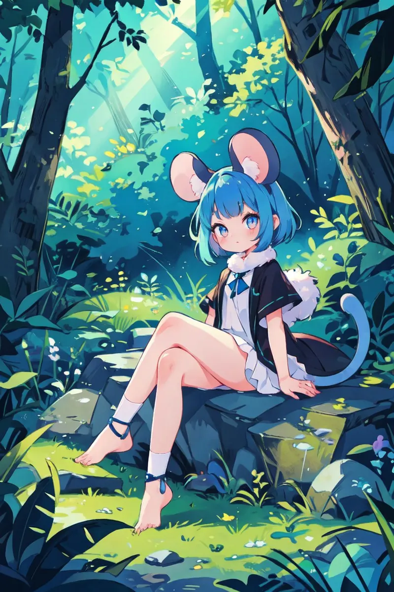 AI-generated image of an anime girl with blue hair and mouse ears sitting on a rock in an enchanted forest. Created using Stable Diffusion.