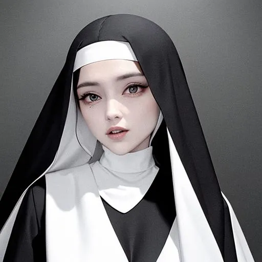 Anime-styled image of a young nun dressed in traditional black and white habit, generated using Stable Diffusion AI.
