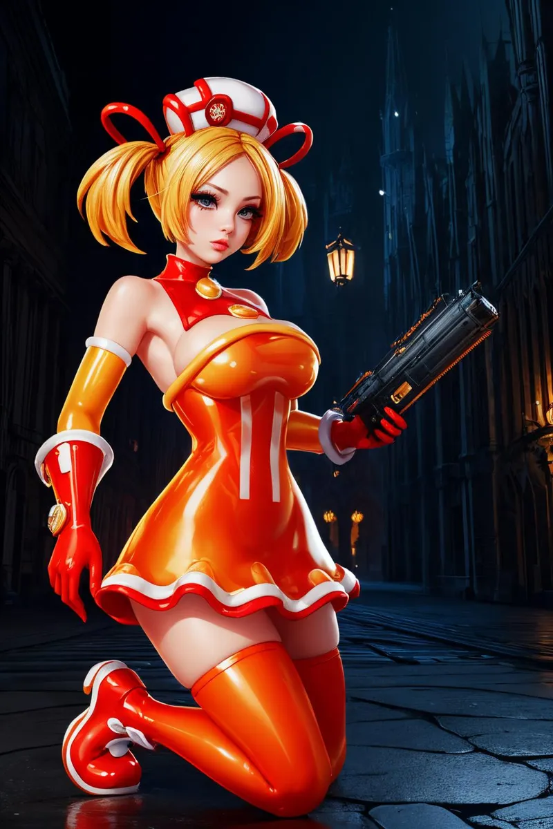 AI generated image of a blonde anime nurse with pigtails, wearing an orange and red nurse uniform and thigh-high boots while holding a futuristic weapon and kneeling in a dark, gothic cyberpunk cityscape.