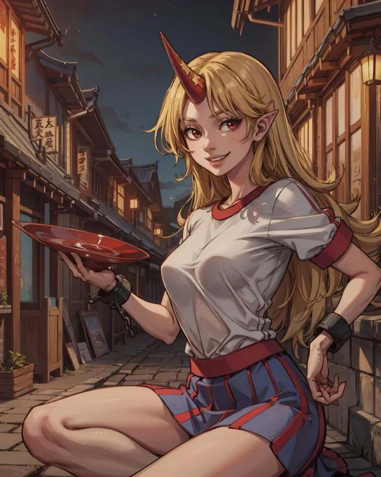 An AI generated image of an anime-style oni girl with a horn and elf-like ears, holding a red tray, sitting on a traditional Japanese street at night created using stable diffusion