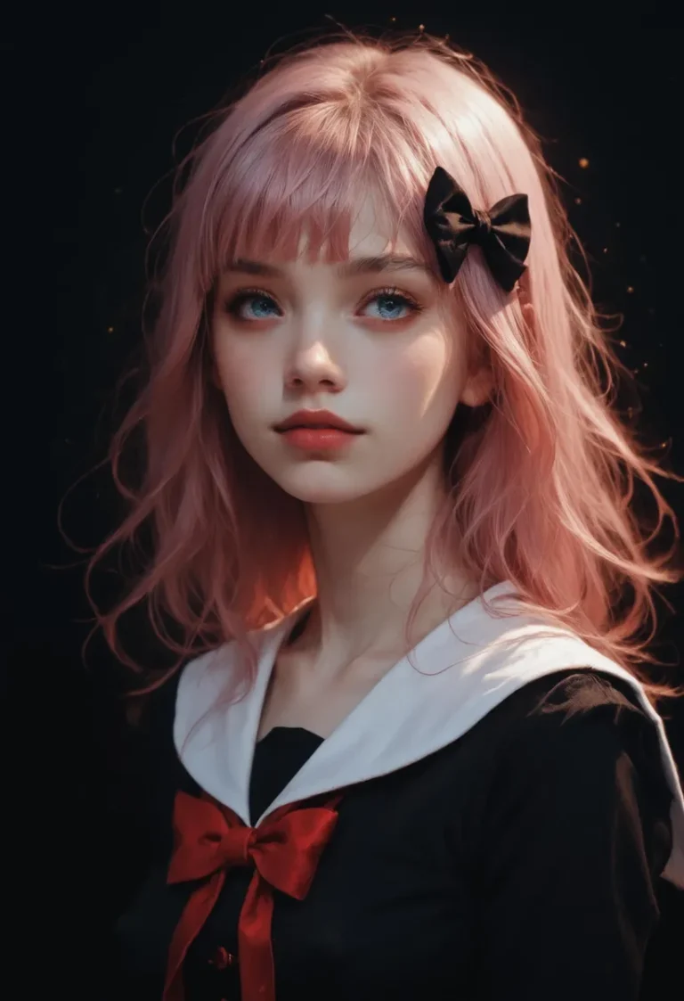 An AI generated anime girl with pink hair, blue eyes, and a black bow using Stable Diffusion.