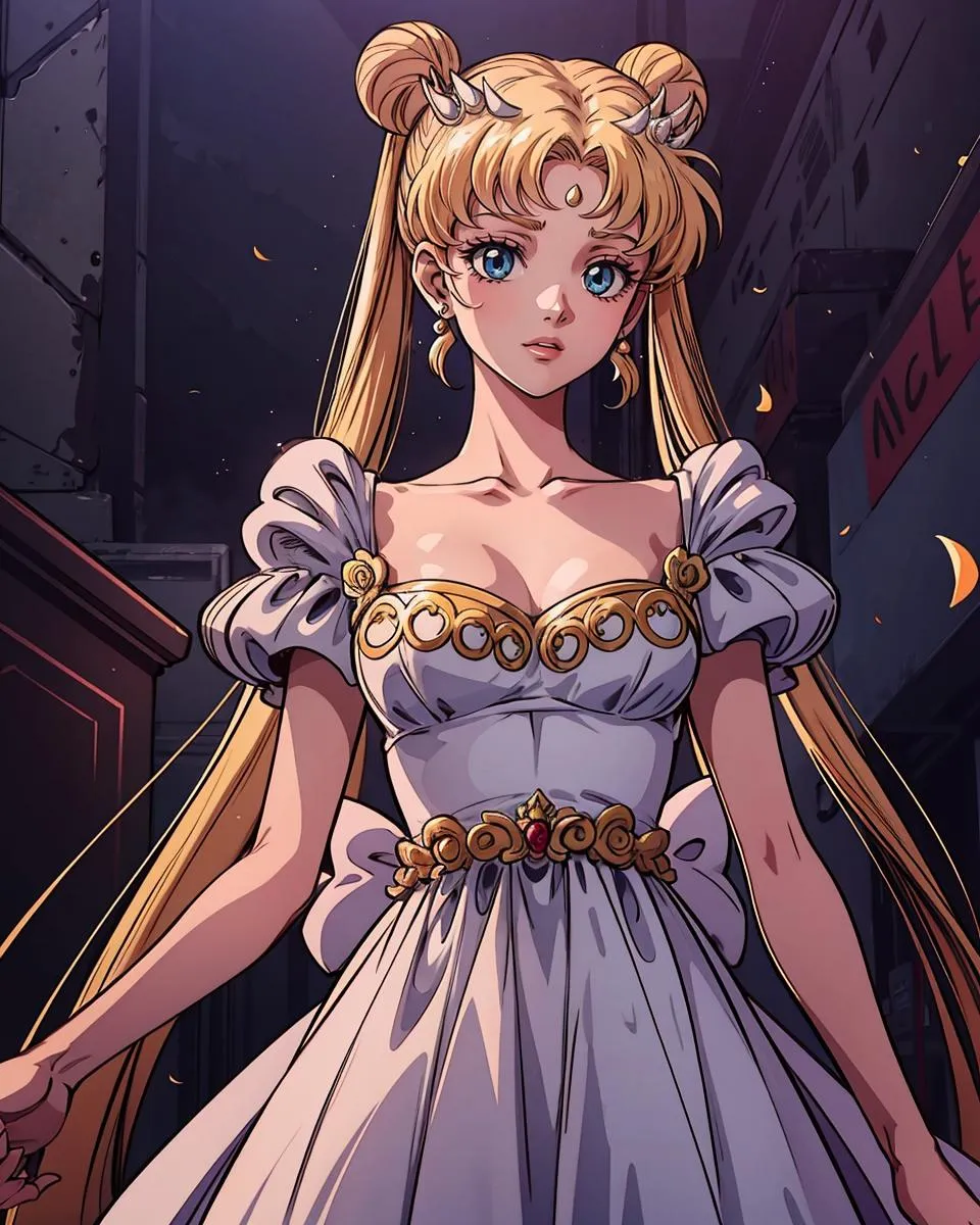 An AI generated image using stable diffusion of an anime girl resembling a princess dressed in a detailed white gown with ornate golden decorations and twin buns adorned with crescent moon accessories.