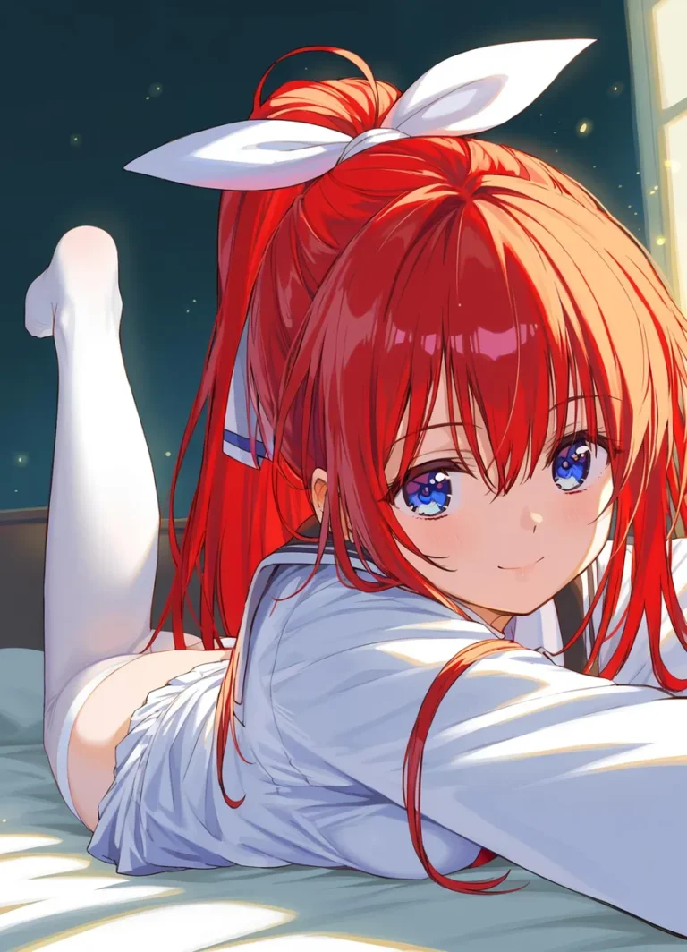 Cute anime girl with vibrant red hair lying on her stomach wearing a sailor-style outfit. AI generated image using Stable Diffusion.