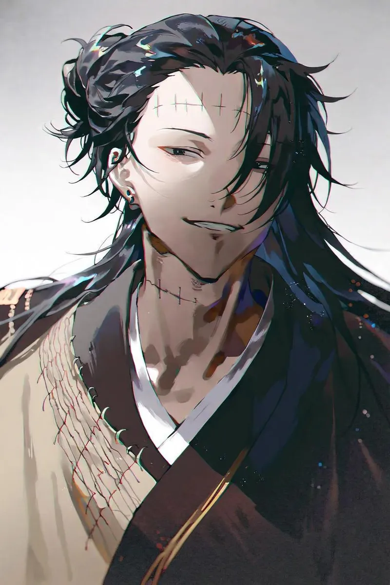 Anime-style image of a man with long black hair, facial scars, and a traditional Japanese outfit. AI generated image using Stable Diffusion.