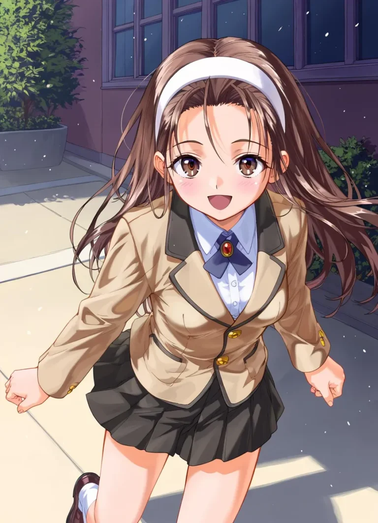 Anime girl with long brown hair wearing a beige school uniform with a black skirt and white headband created using Stable Diffusion.