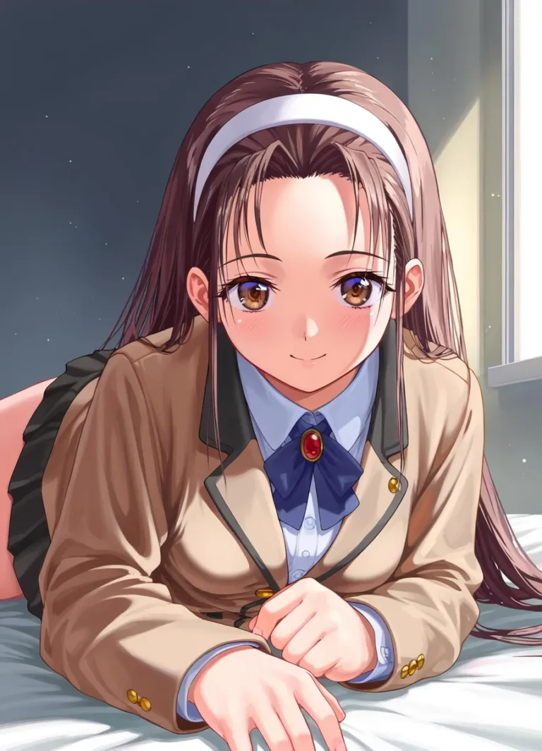 Anime-style girl with long brown hair, wearing a school uniform, generated using stable diffusion.