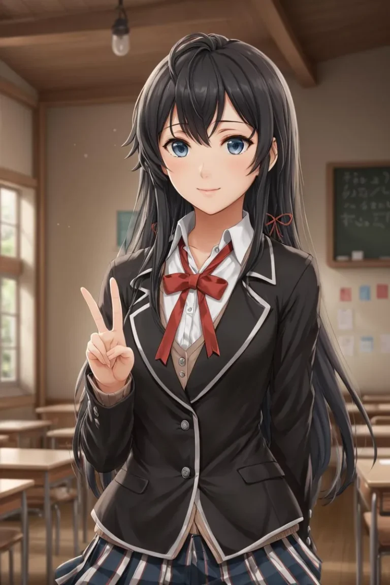 AI generated image of an anime-style schoolgirl with long black hair, wearing a black school uniform with a red bow and a striped skirt, making a peace sign in a classroom.