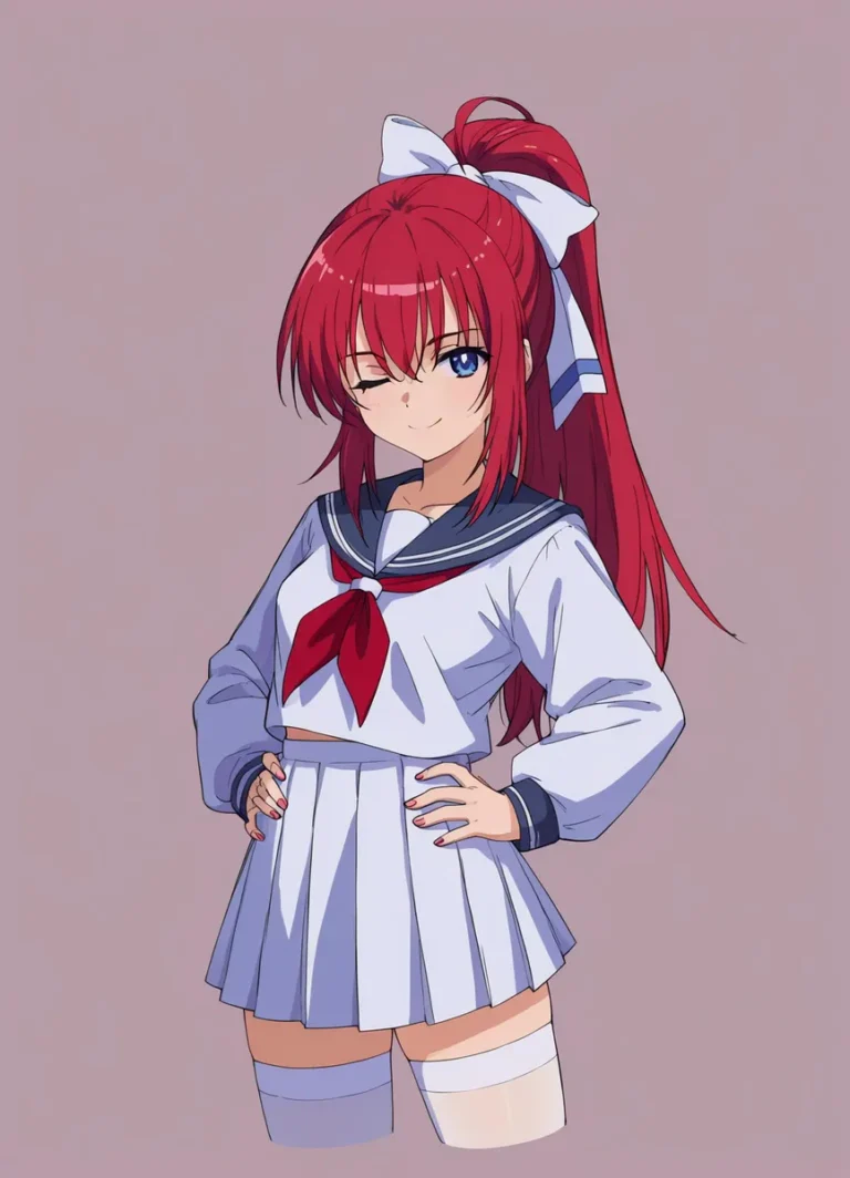 An anime girl with red hair in a school uniform winking, generated by AI using Stable Diffusion.