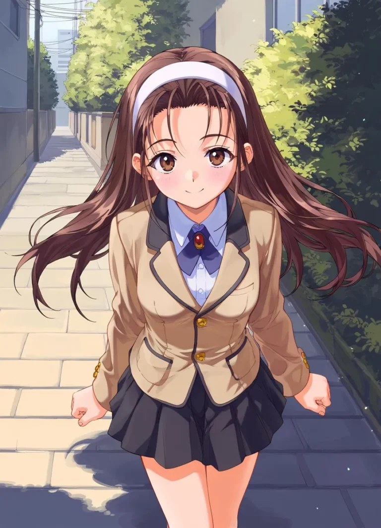Anime girl with long brown hair and a white headband wearing a beige school uniform with a blue tie. AI generated image using Stable Diffusion.