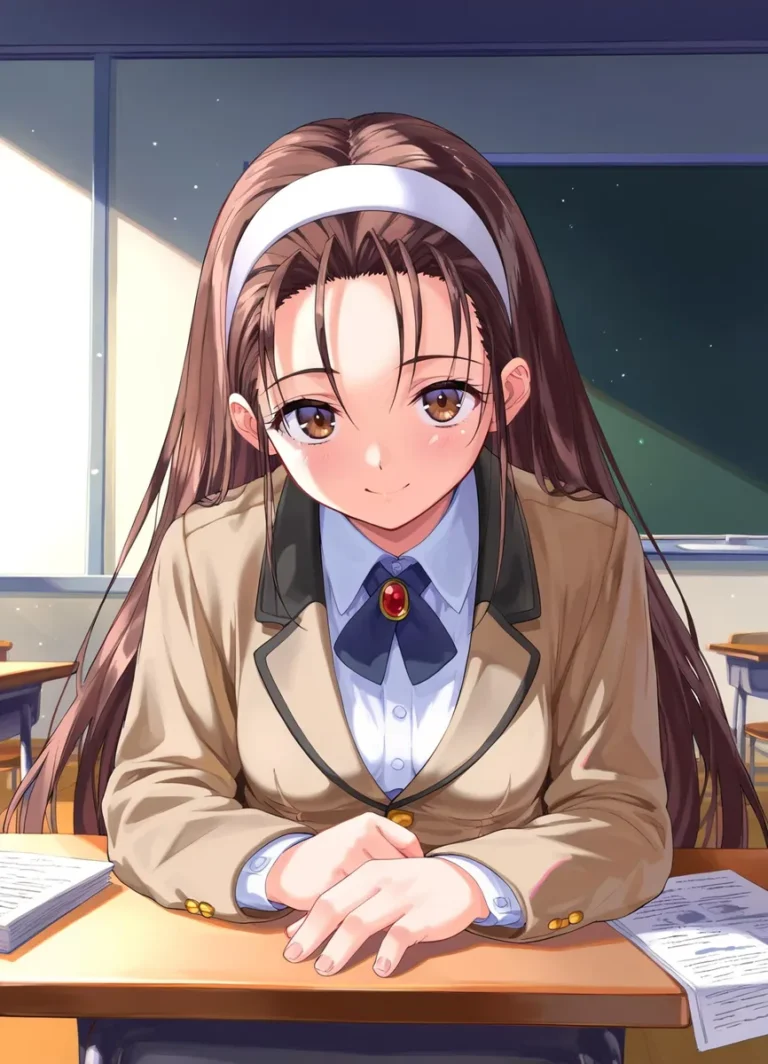 Anime schoolgirl with long brown hair, wearing a uniform with a white headband, sitting in a classroom with a desk and papers. This is an AI generated image using stable diffusion.