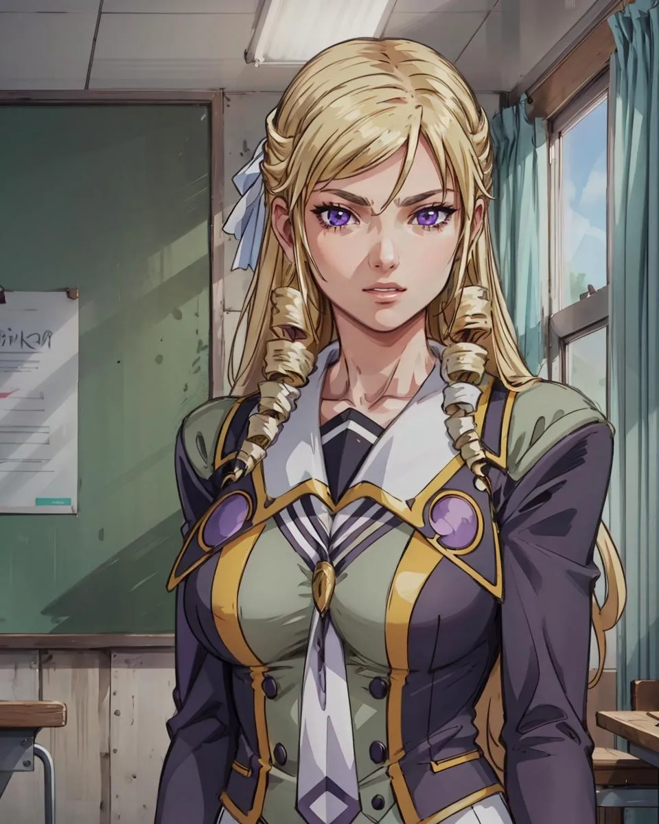 A young anime schoolgirl with blonde hair styled in intricate braids and striking purple eyes stands in a classroom setting. AI generated image using Stable Diffusion.