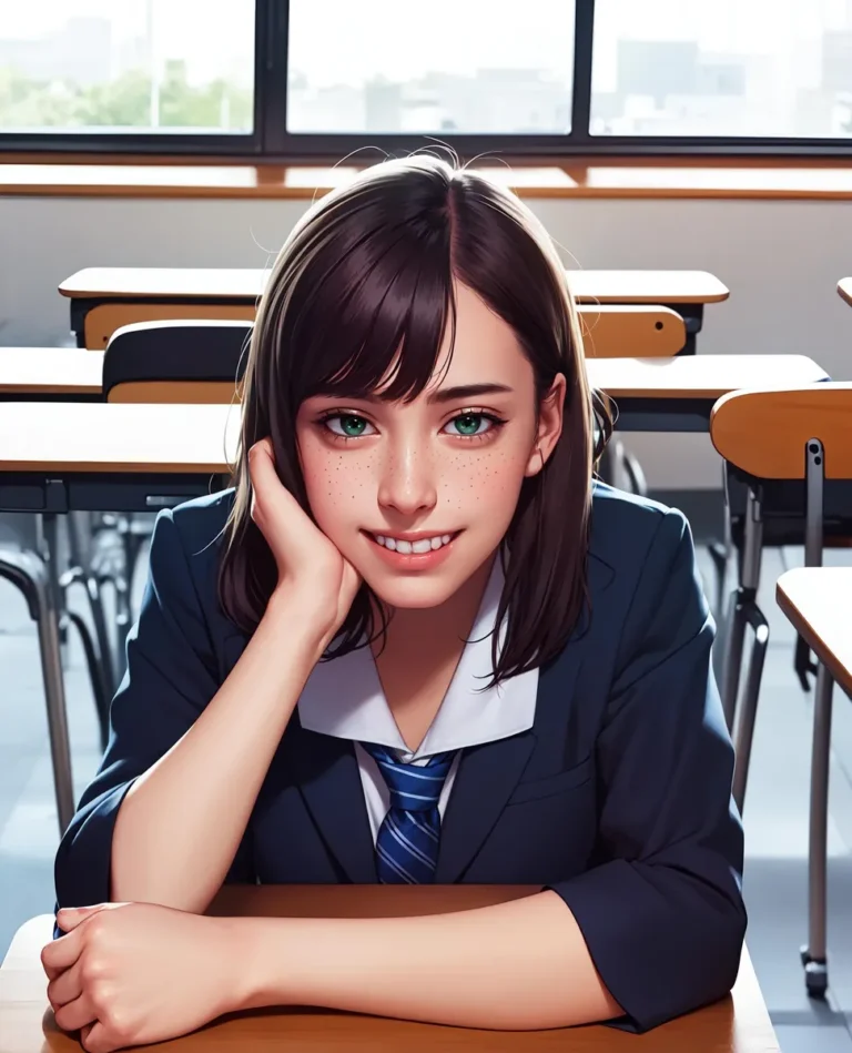 Realistic anime style schoolgirl with freckles, green eyes, and a short bob haircut, wearing a navy school uniform and tie, smiling and leaning on a desk in a classroom. AI generated image using stable diffusion.