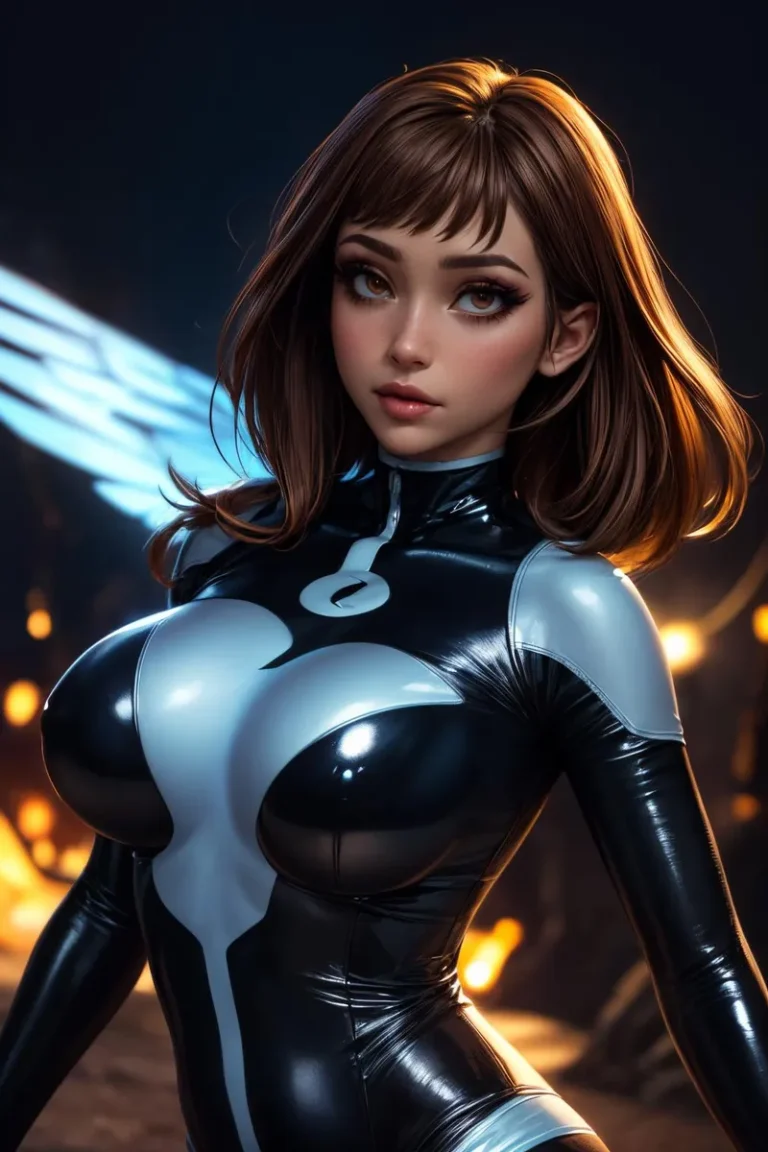 Anime character in a futuristic superhero outfit with shining details and short brown hair, created using stable diffusion AI.